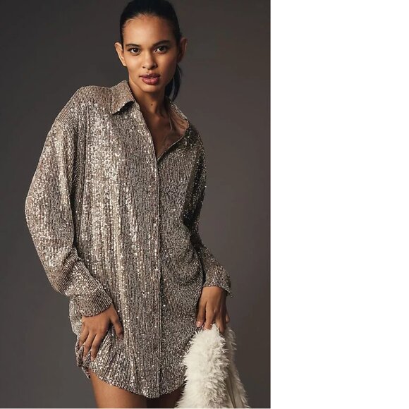 NWT ANTHROPOLOGIE Flat White Sequin Tunic Dress size MP PM Taupe color new - Picture 1 of 6